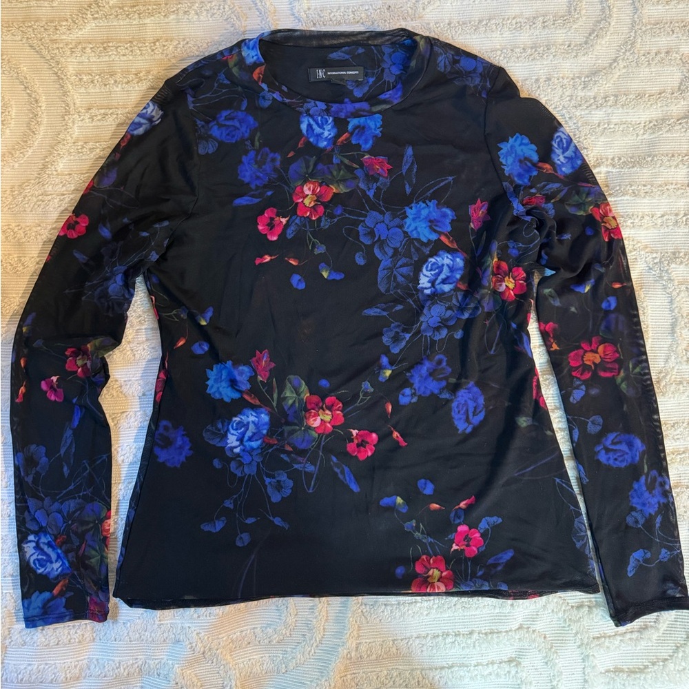 INC International Concepts Black Blouse with Blue and Pink Floral Design